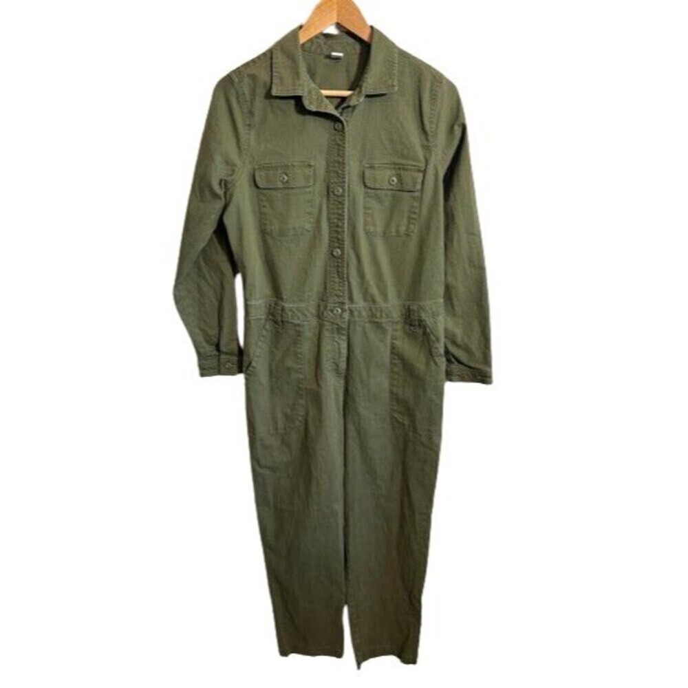 Old Navy Utility Long Sleeve Jumpsuit S Green Cropped Ankle Cotton Blend Stretch